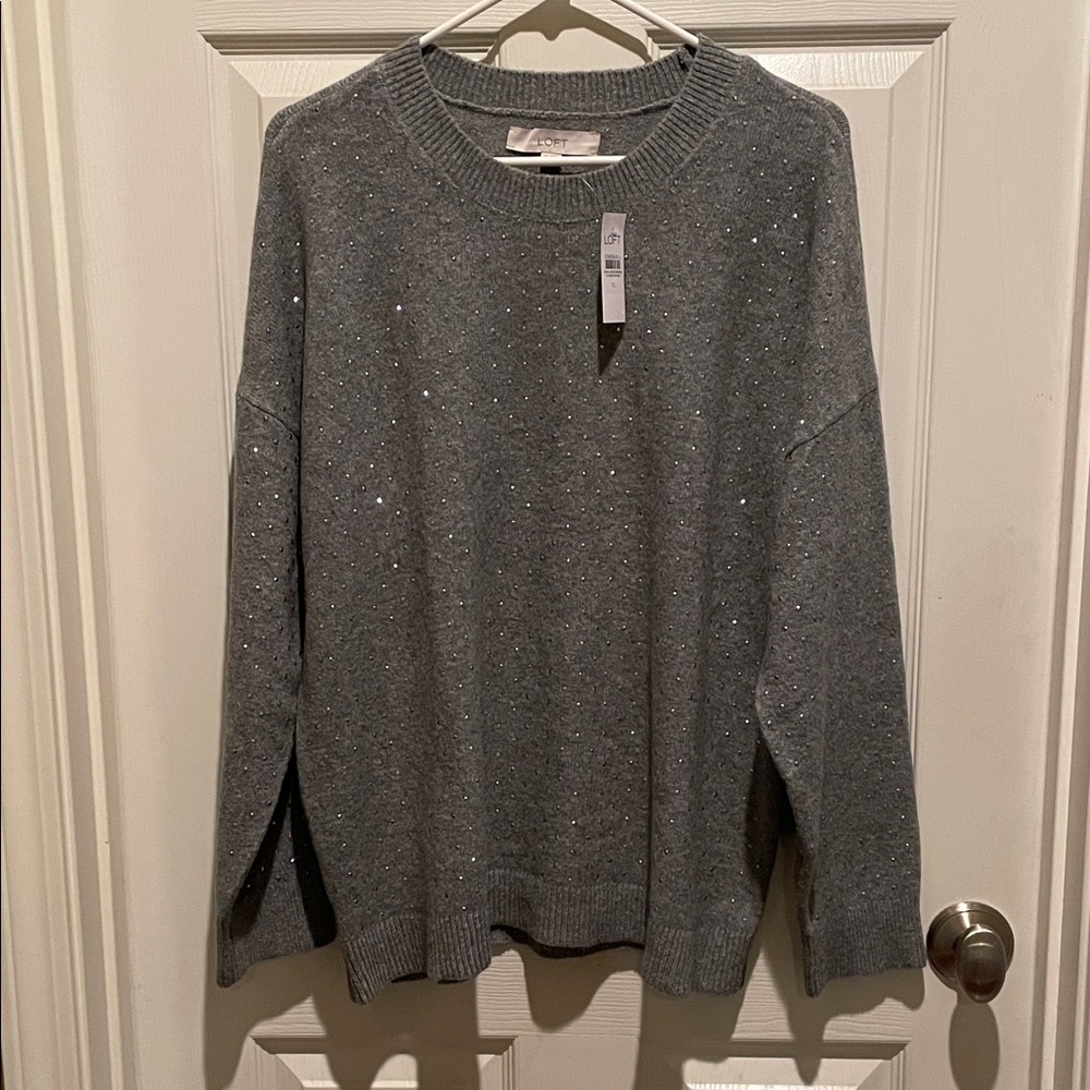 LOFT Gray Sparkle Crew Neck Sweater NWT